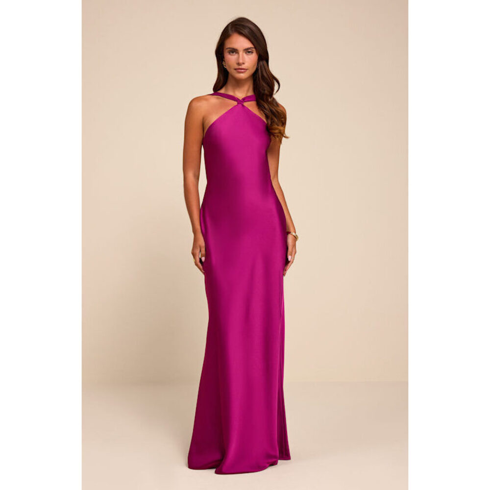 Lulus Sienna Magenta Satin Backless Maxi Dress Purple - Size S